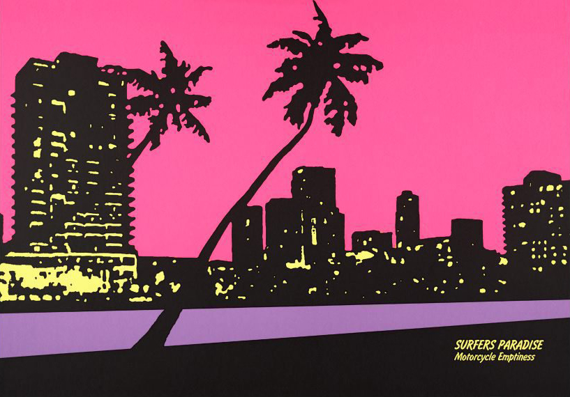 A cityscape framed by a neon pink sky.