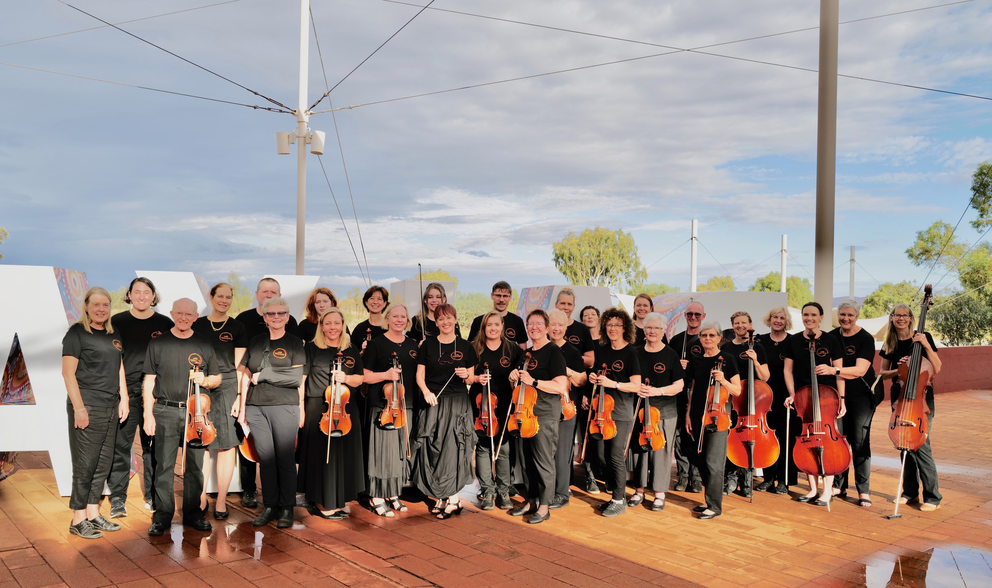 Photograph of 28 people dressed in black, holding string instruments.