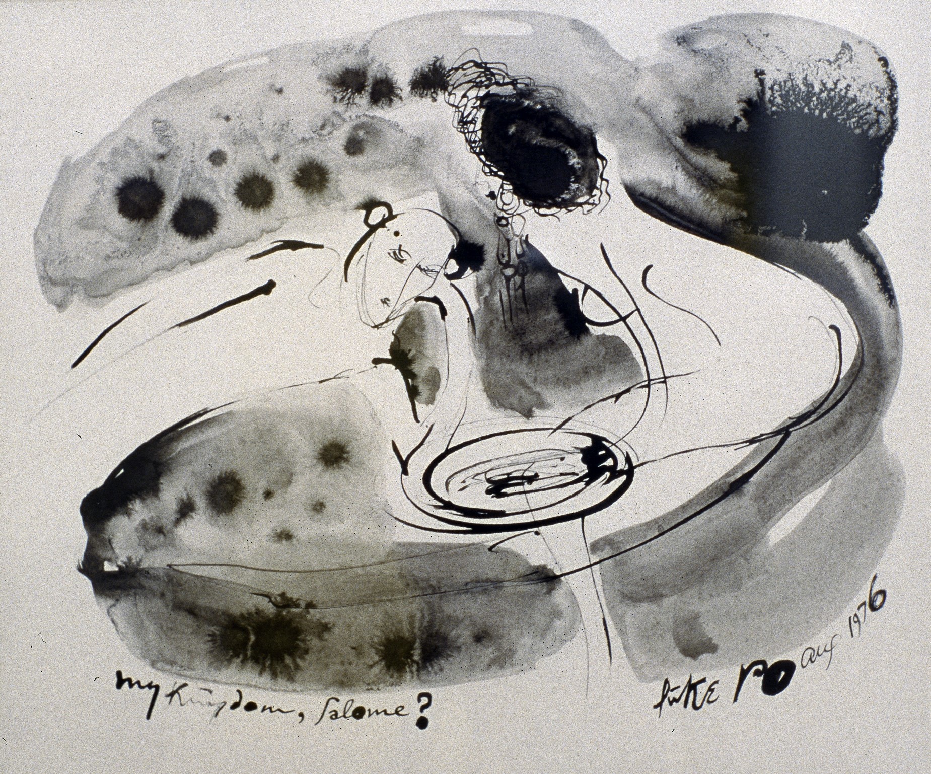 Pen and ink drawing in black of two nude figures