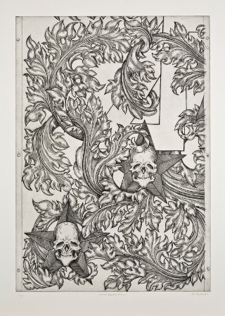 A decorative etching with two stars inlaid with skulls surrounded by feathered ferns.